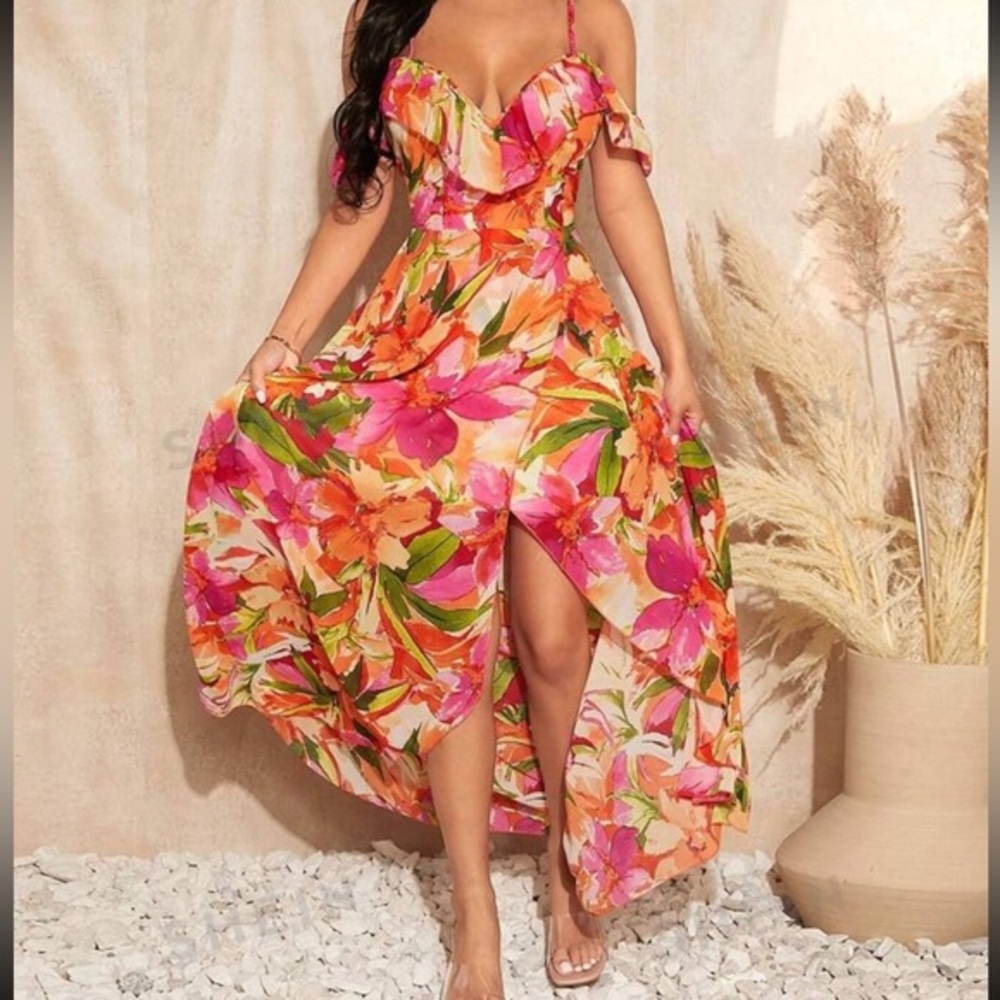 Floral Flowy Pink Orange Tropical Ruffle Dress - LARGE